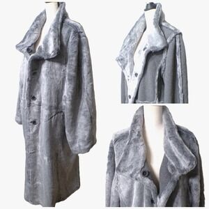 Vtg UTEX Plus 3X Reversible Gray Faux Fur Long Coat Plush Teddy Big Collar Nwt